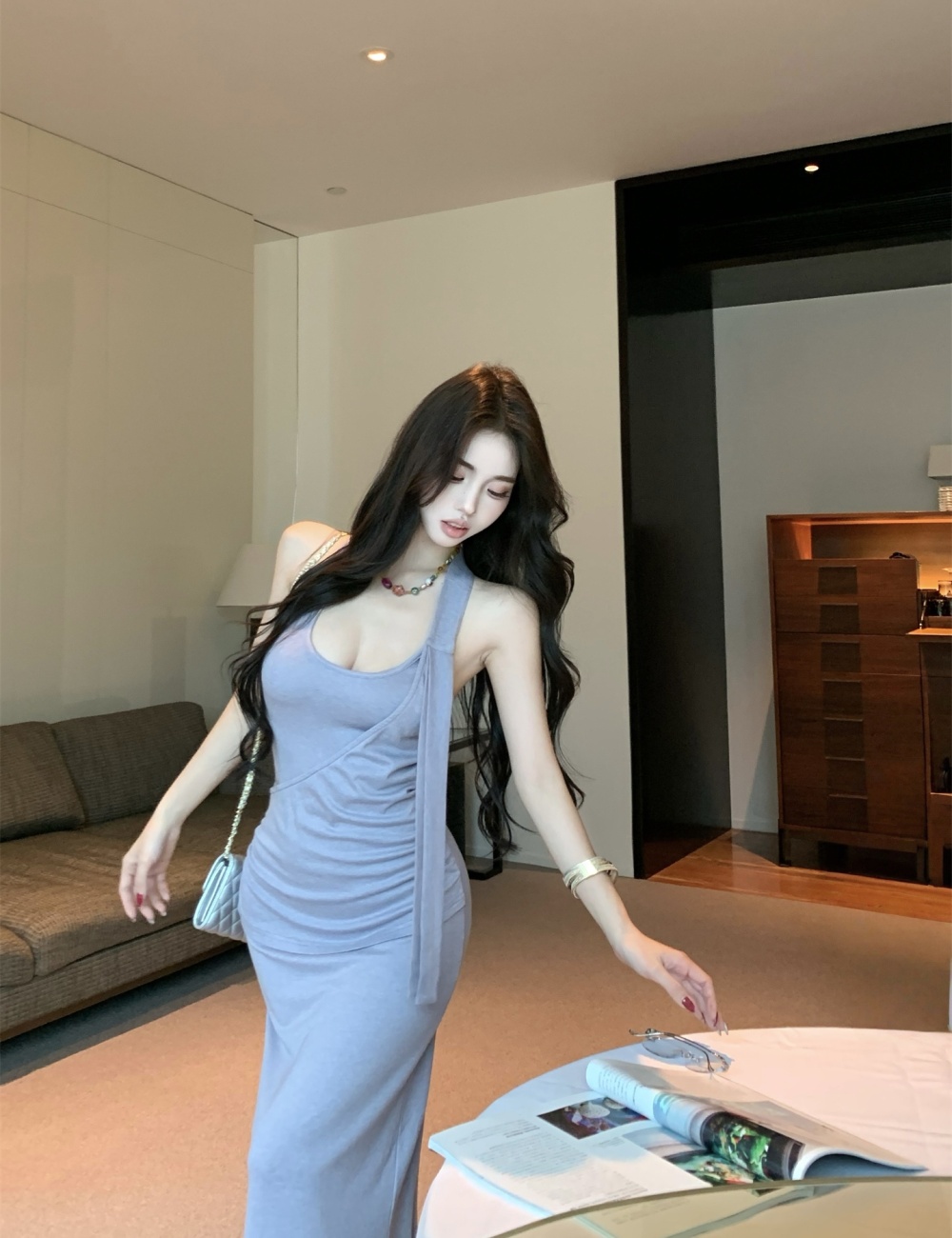 Purple sling long dress package hip back dress