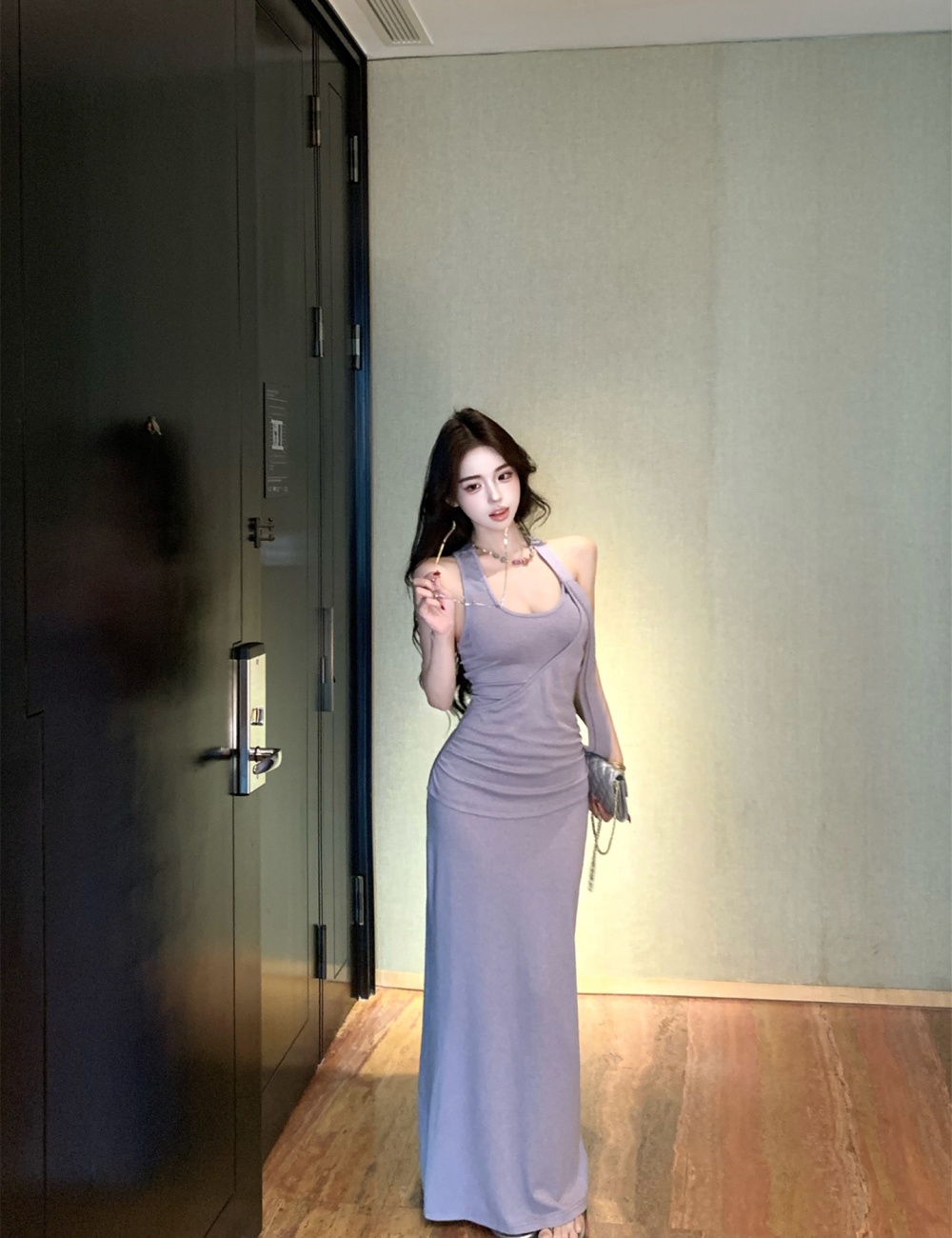Purple sling long dress package hip back dress