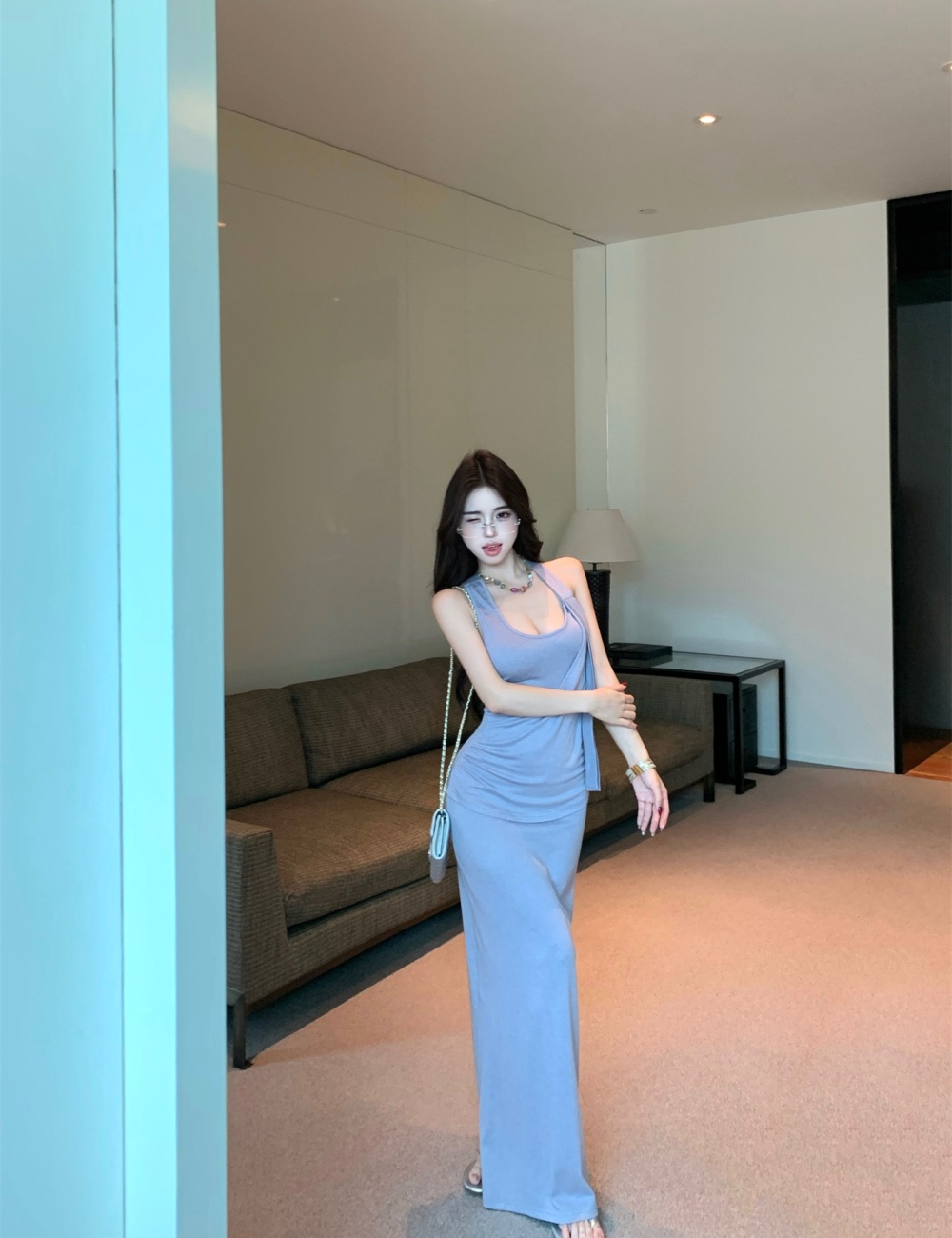 Purple sling long dress package hip back dress