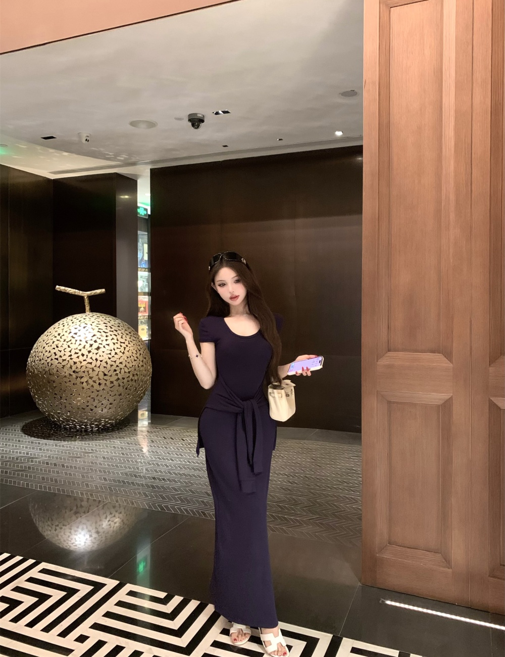 Pinched waist long Korean style dress for women