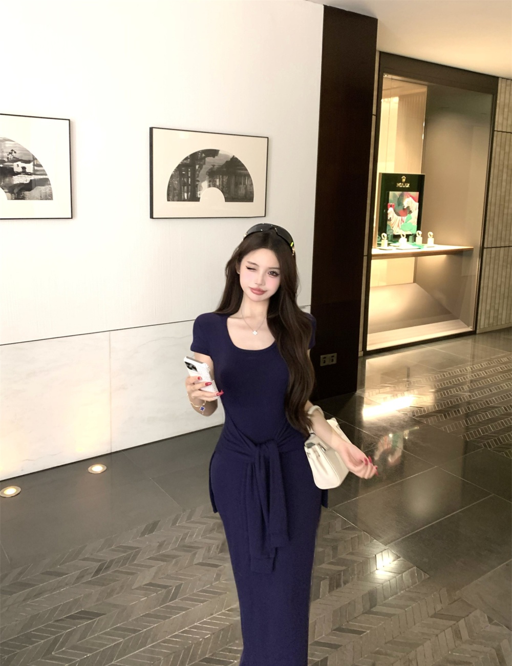Pinched waist long Korean style dress for women