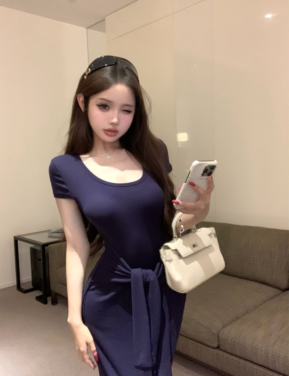 Pinched waist long Korean style dress for women