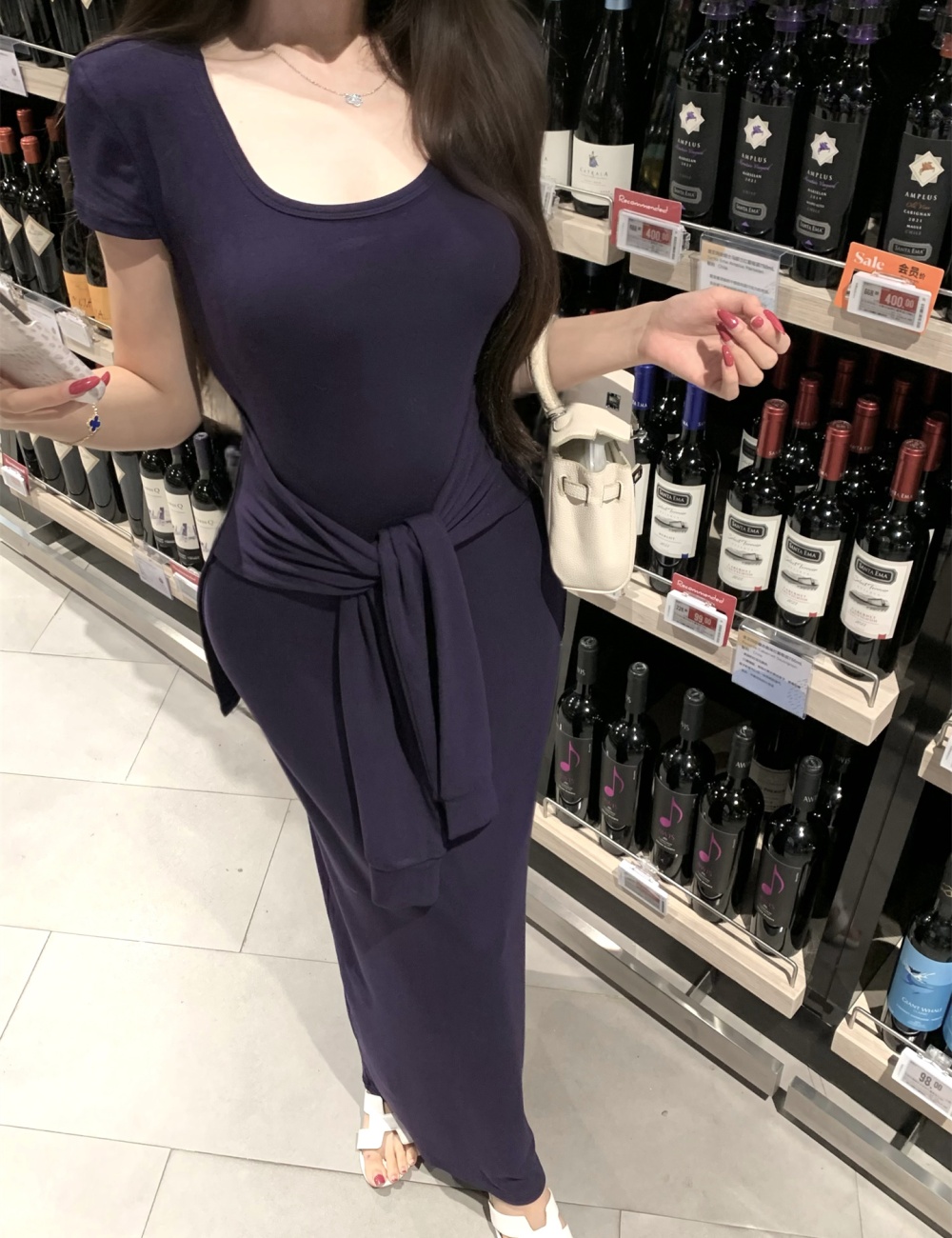 Pinched waist long Korean style dress for women