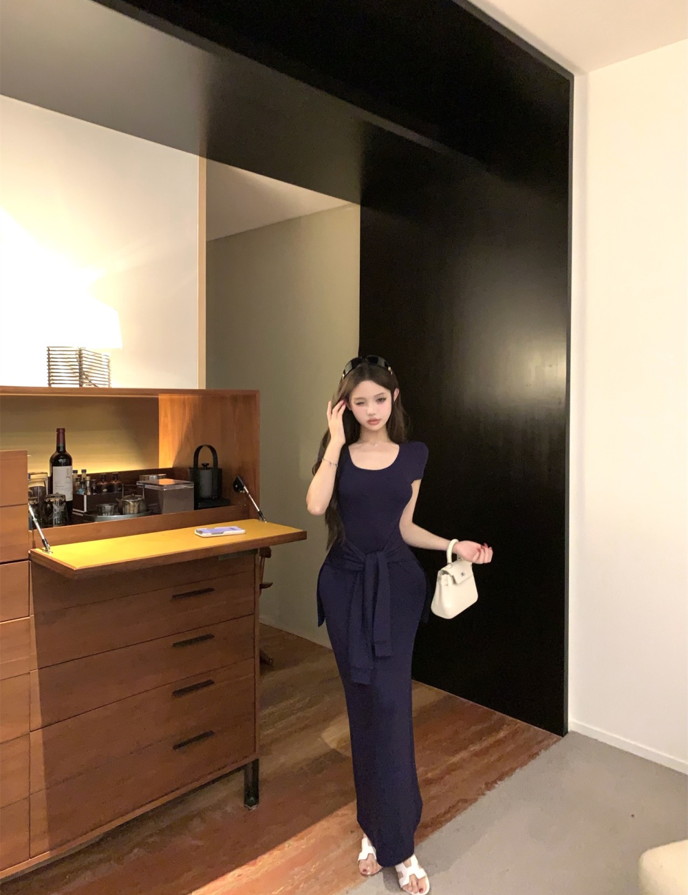Pinched waist long Korean style dress for women