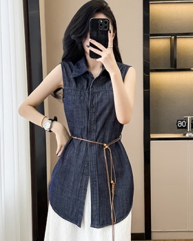 Loose bandage sleeveless tops summer denim shirt