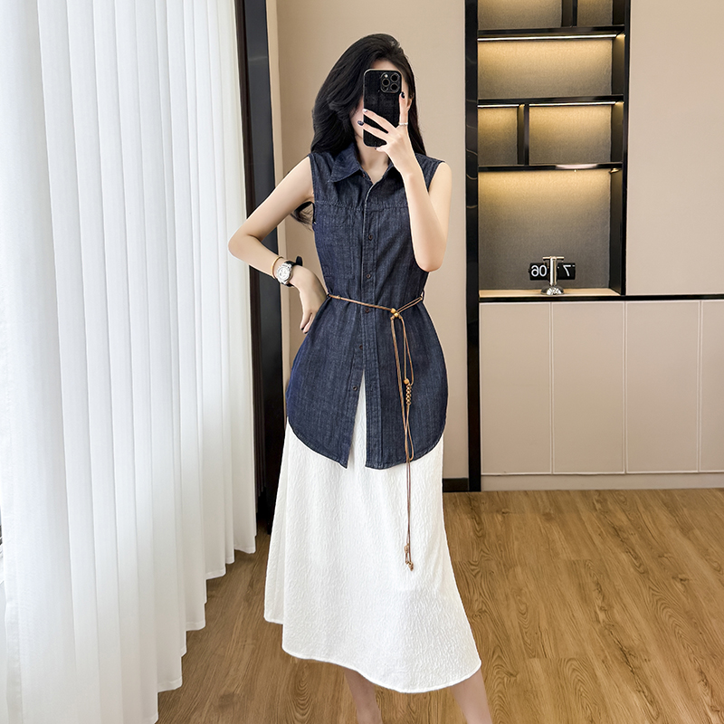 Loose bandage sleeveless tops summer denim shirt