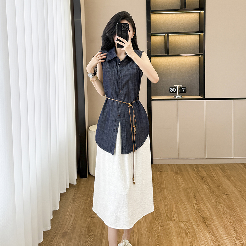 Loose bandage sleeveless tops summer denim shirt