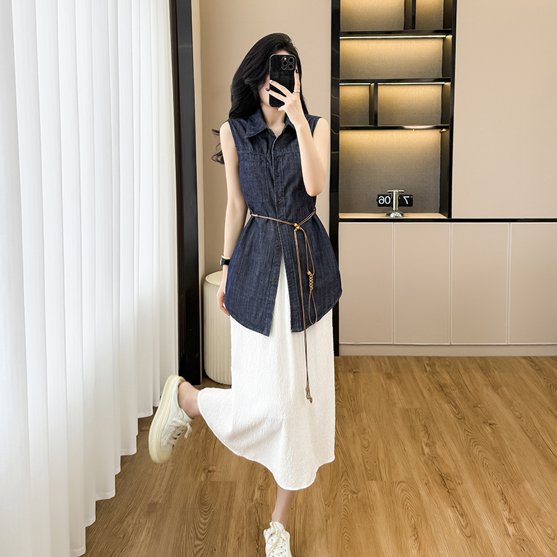 Loose bandage sleeveless tops summer denim shirt