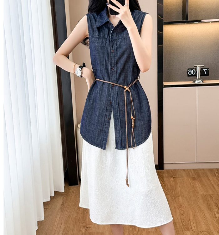 Loose bandage sleeveless tops summer denim shirt