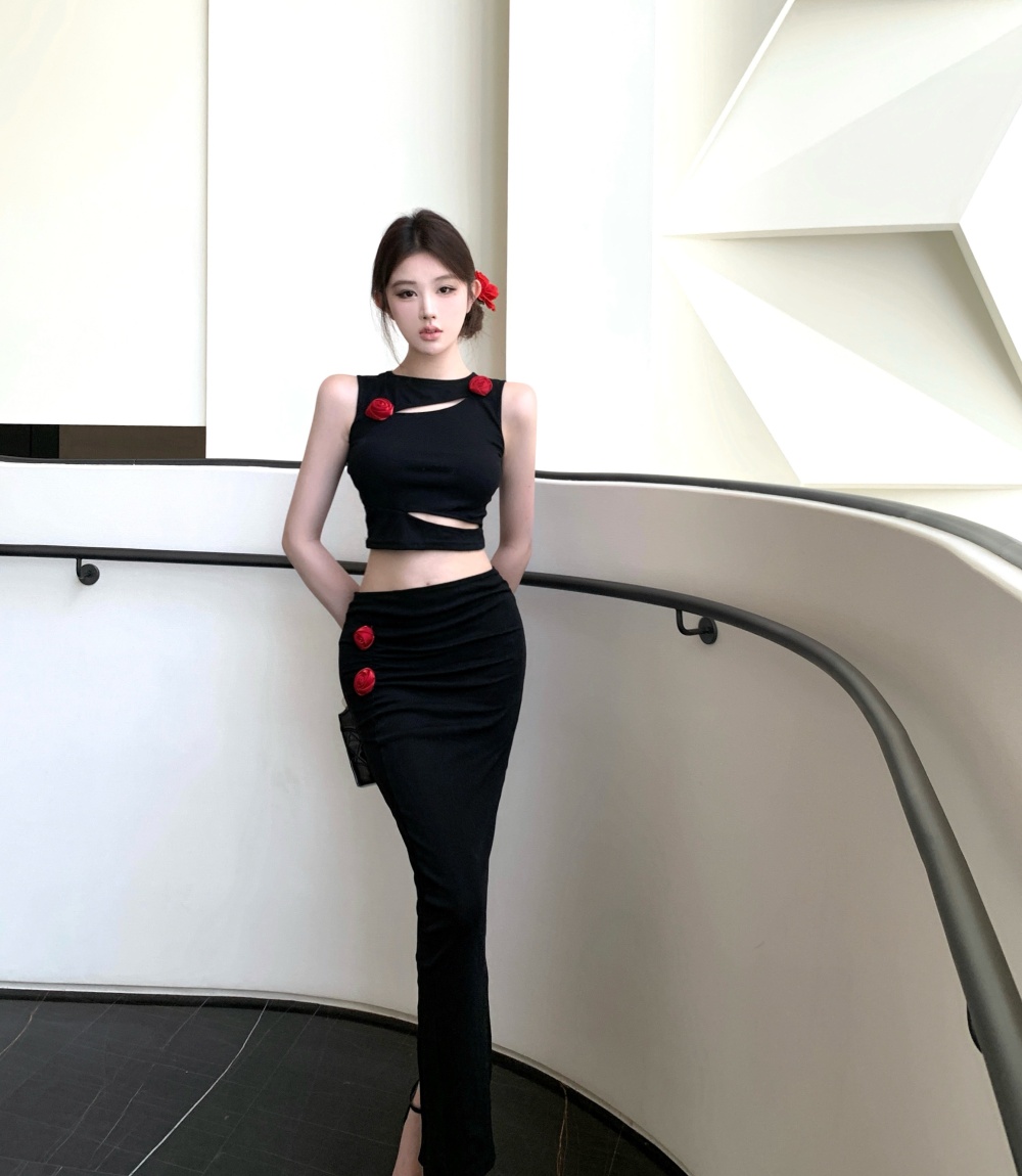 Short hollow tops colors decoration split skirt a set