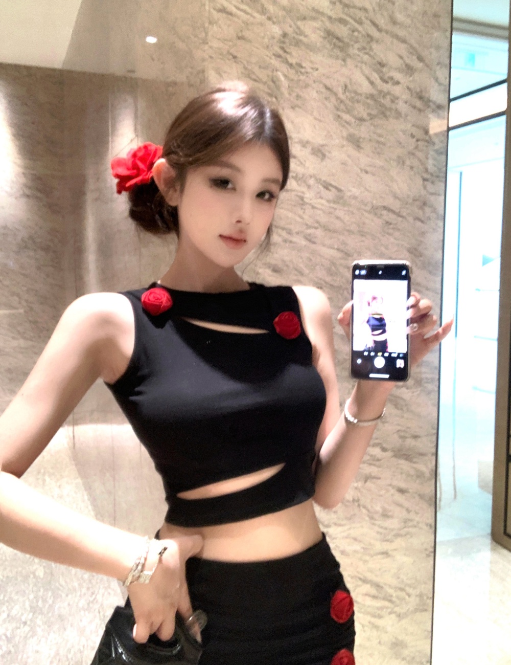 Short hollow tops colors decoration split skirt a set