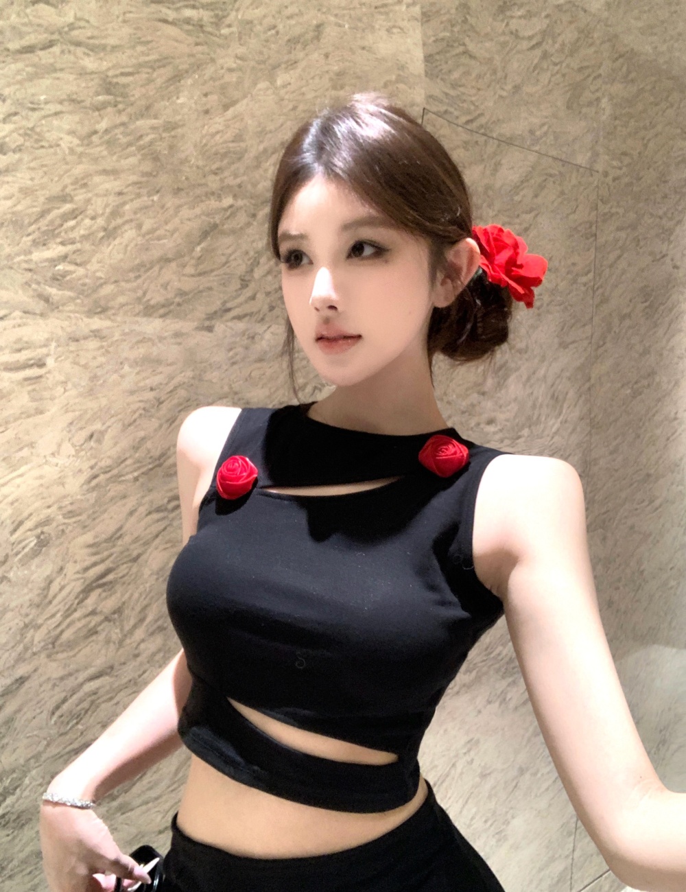 Short hollow tops colors decoration split skirt a set