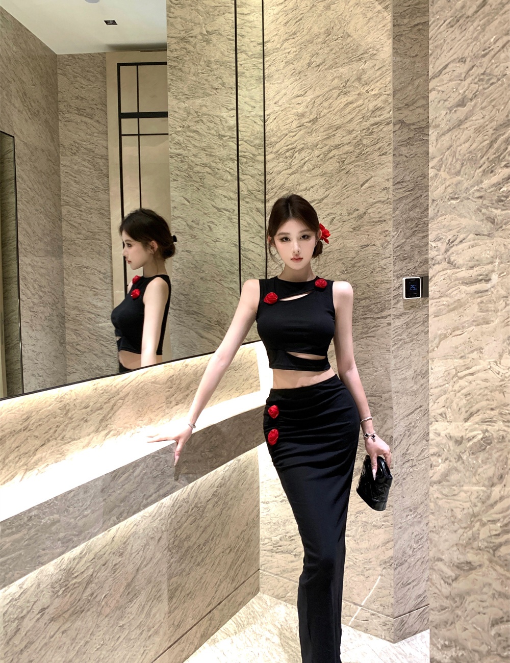 Short hollow tops colors decoration split skirt a set
