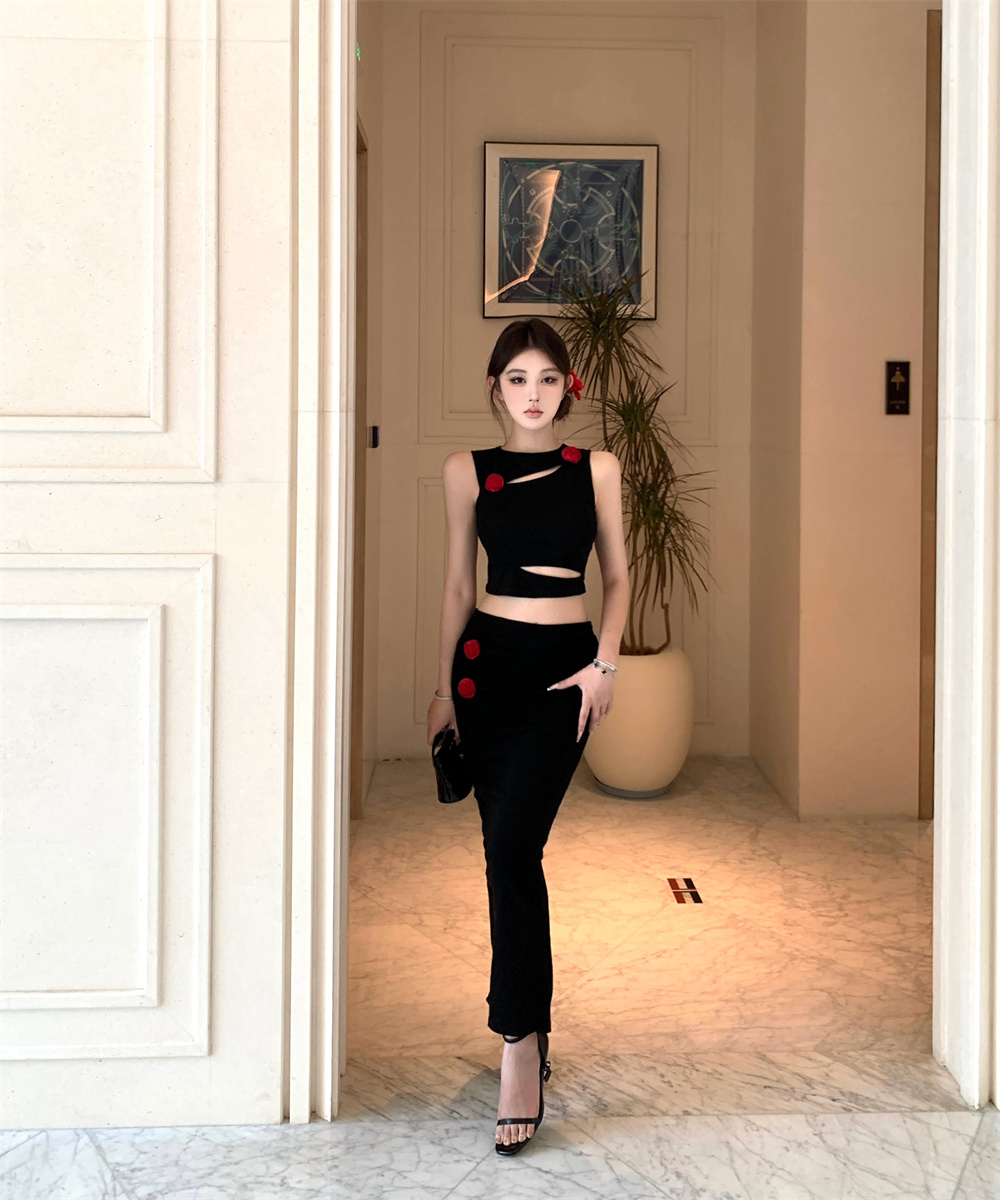 Short hollow tops colors decoration split skirt a set