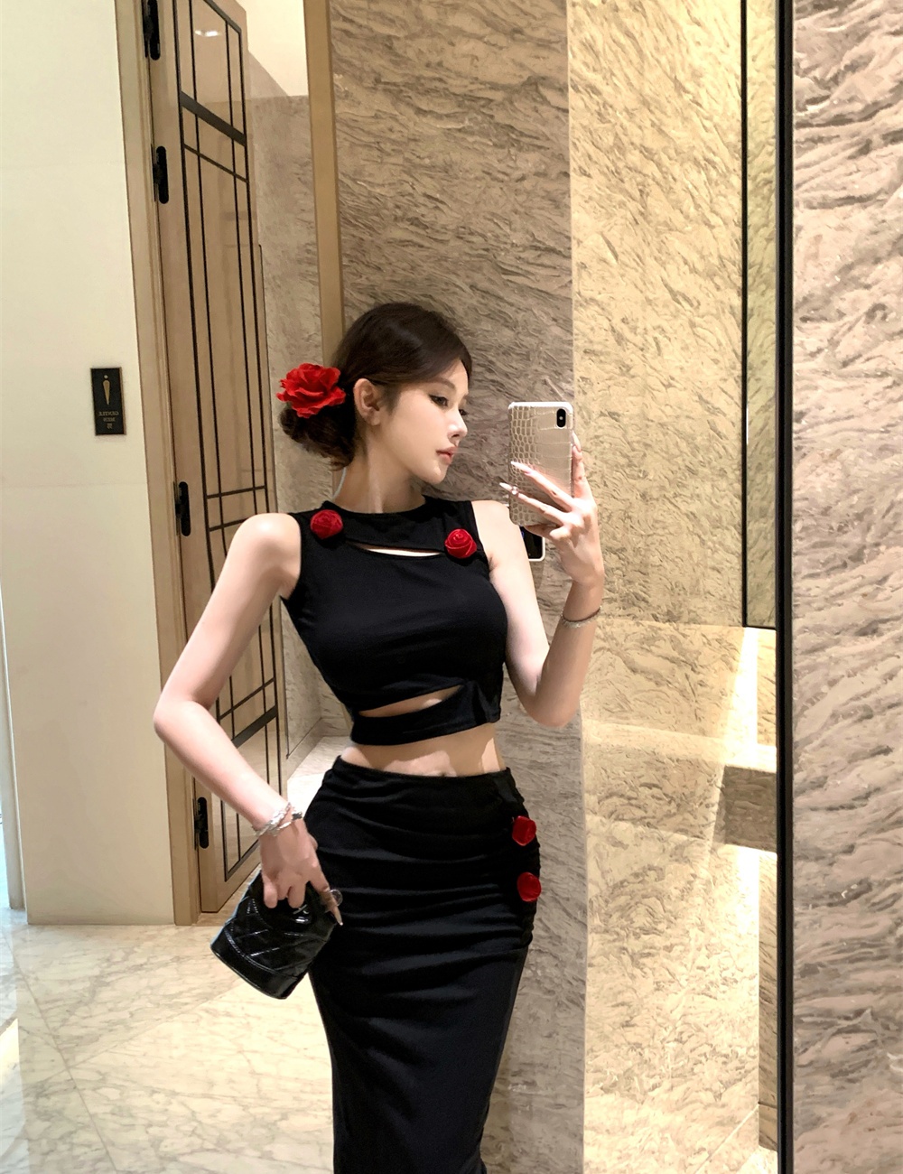 Short hollow tops colors decoration split skirt a set