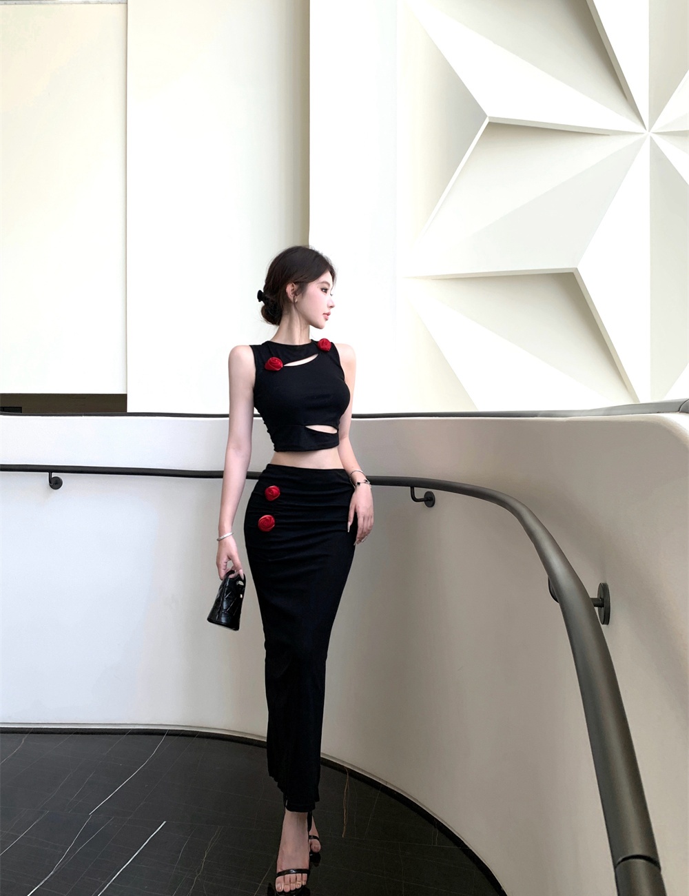 Short hollow tops colors decoration split skirt a set