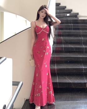 Sling slim printing long dress spring chiffon dress