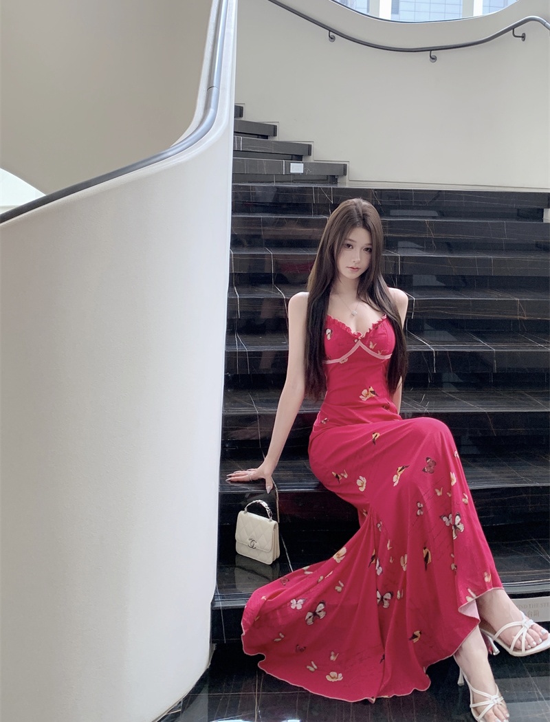 Sling slim printing long dress spring chiffon dress