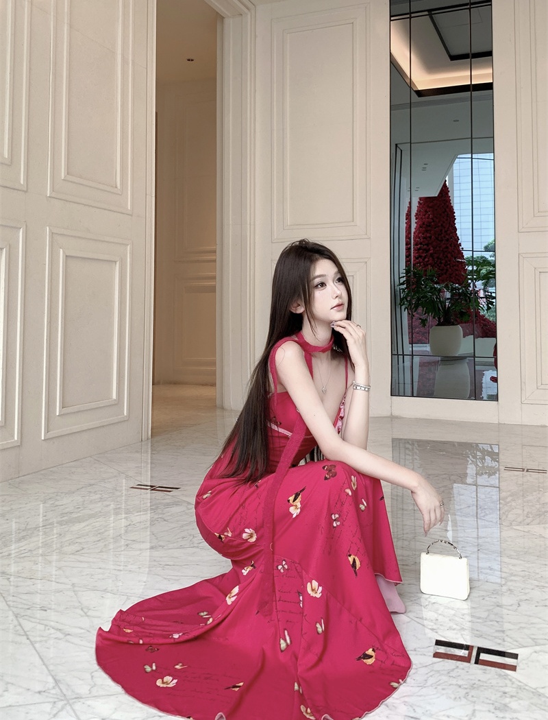 Sling slim printing long dress spring chiffon dress