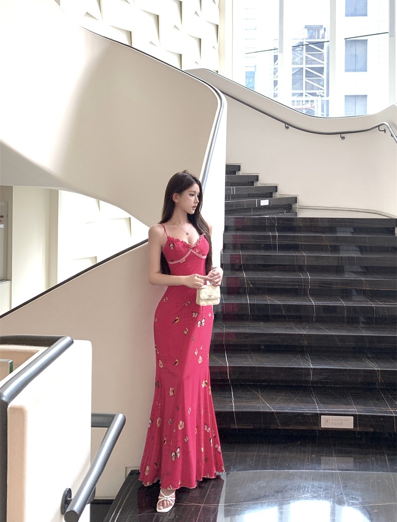 Sling slim printing long dress spring chiffon dress