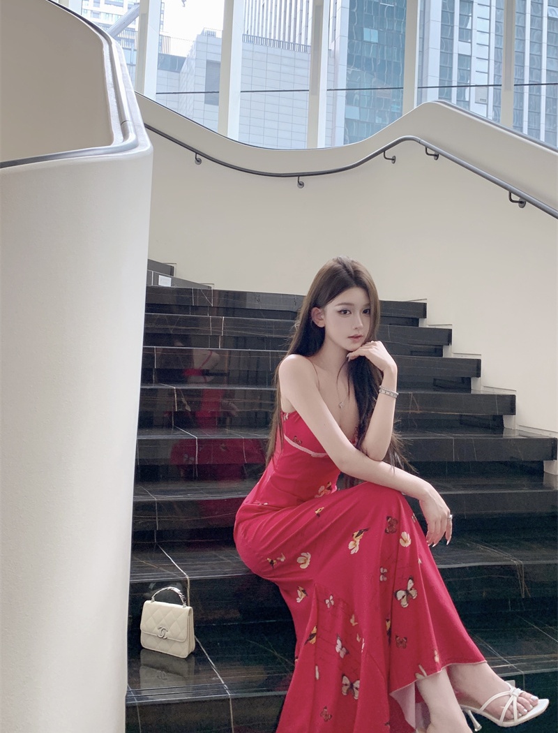 Sling slim printing long dress spring chiffon dress
