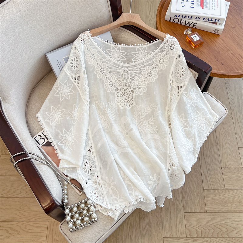 Retro hollow T-shirt large yard crochet tops for women