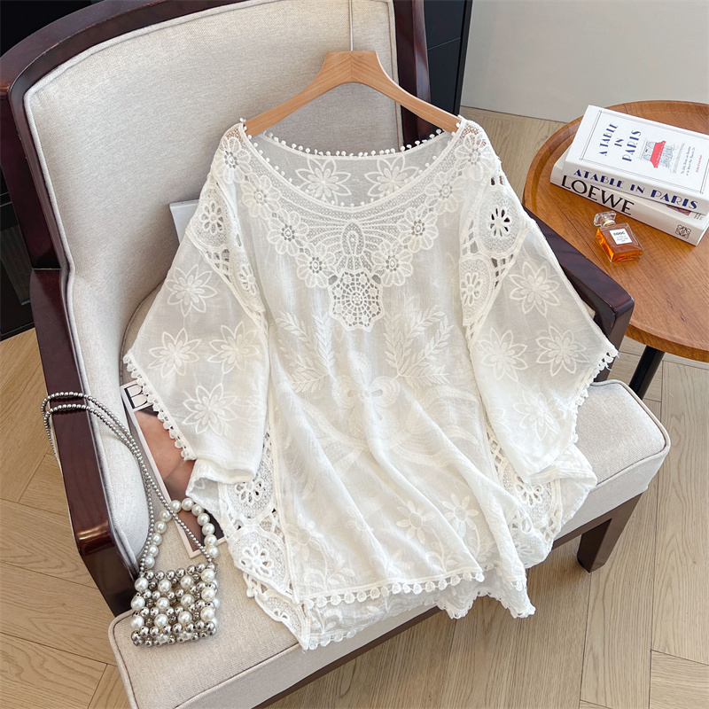 Retro hollow T-shirt large yard crochet tops for women