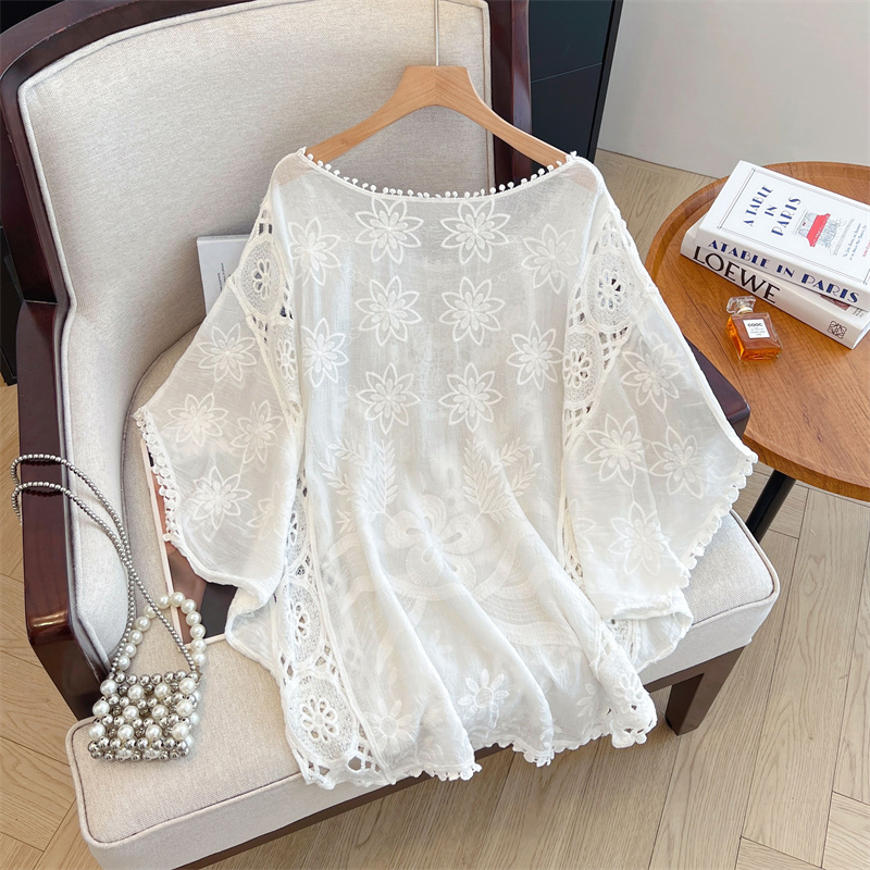 Retro hollow T-shirt large yard crochet tops for women