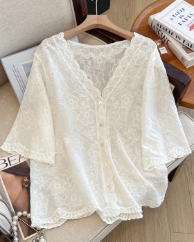 Slim short sleeve shirt summer embroidery tops for women