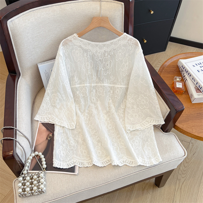 Slim short sleeve shirt summer embroidery tops for women