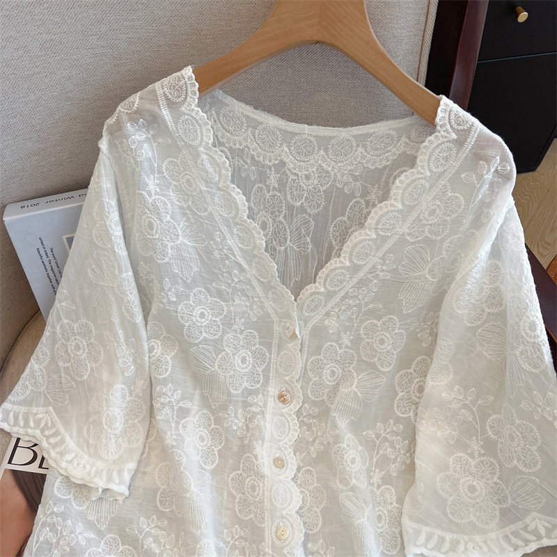 Slim short sleeve shirt summer embroidery tops for women