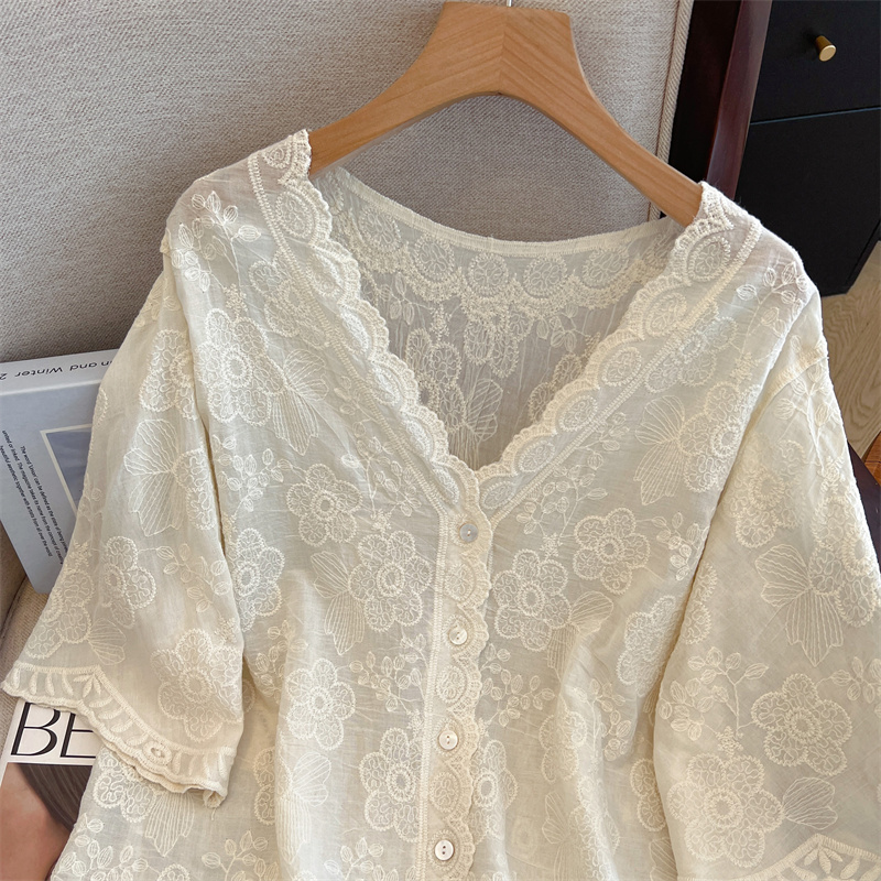 Slim short sleeve shirt summer embroidery tops for women