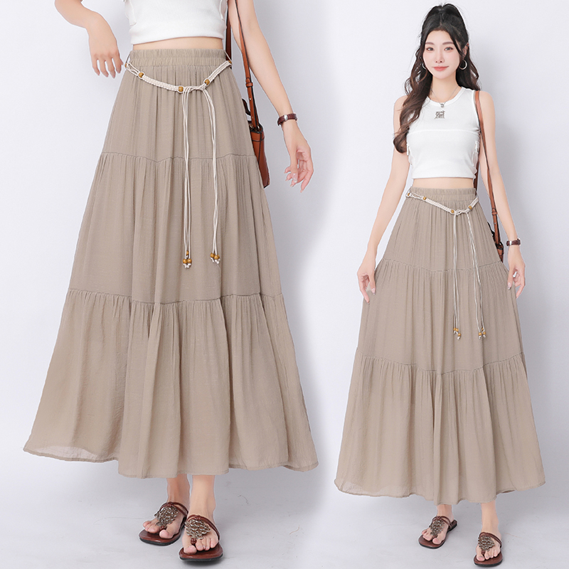 A-line long cotton linen vacation big skirt skirt