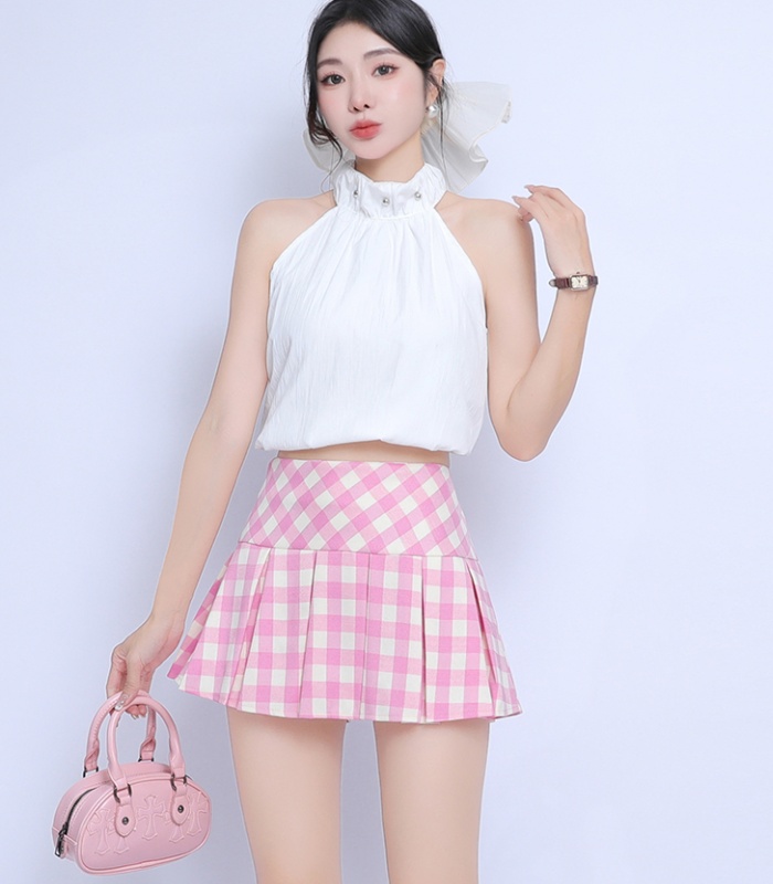 Summer pink skirt anti emptied plaid short skirt for women