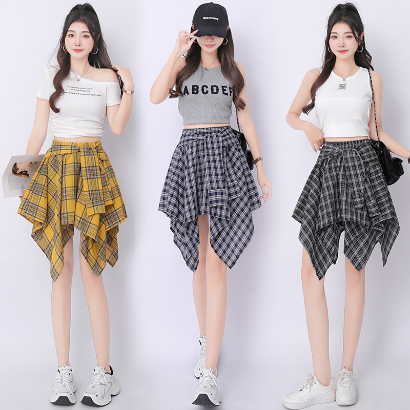 Retro irregular plaid skirt A-line all-match short skirt
