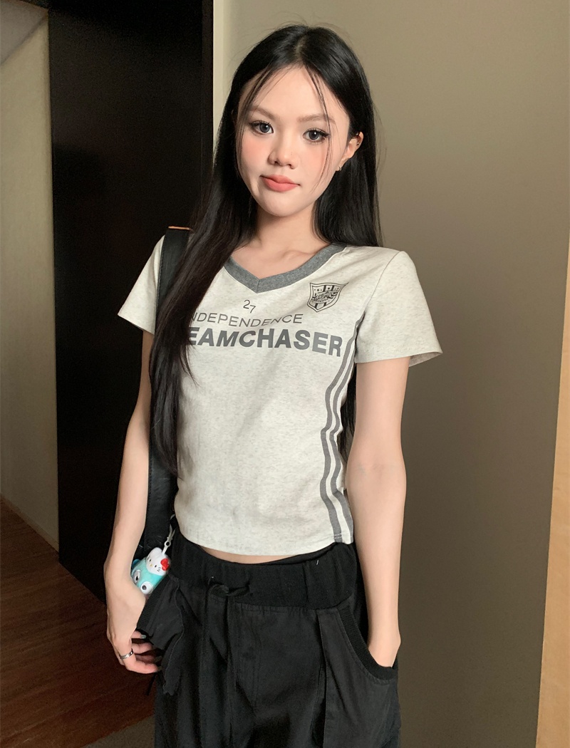 Retro summer slim baseball American style letters short tops