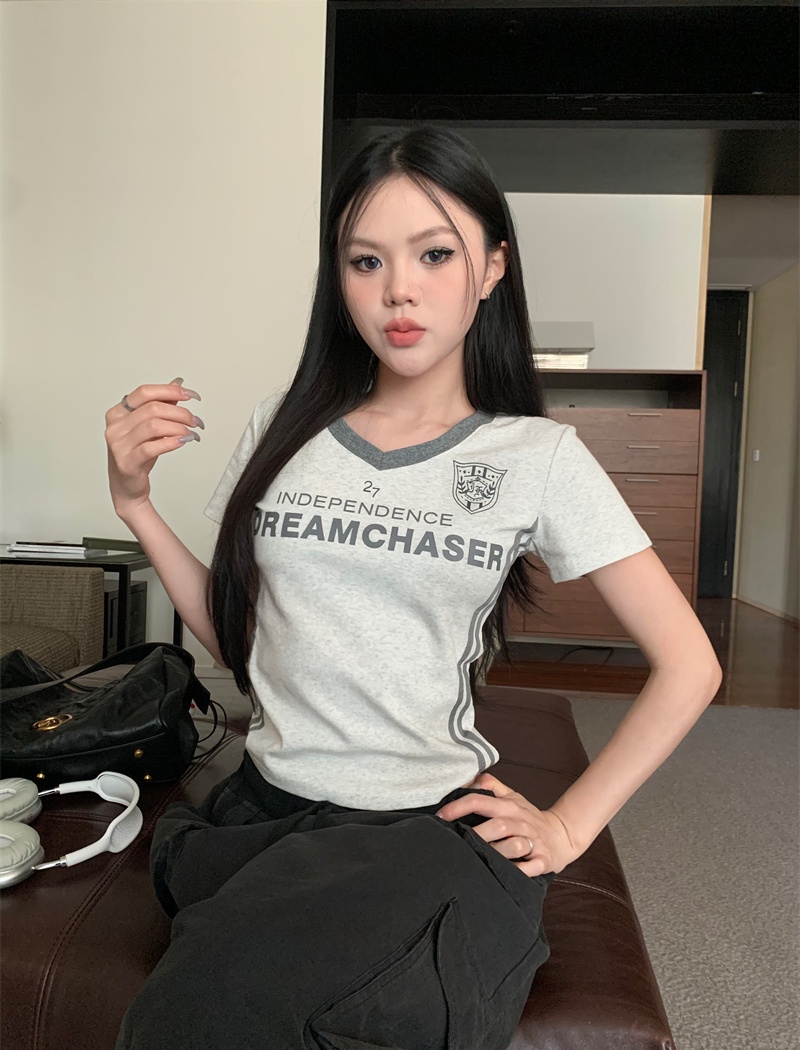 Retro summer slim baseball American style letters short tops