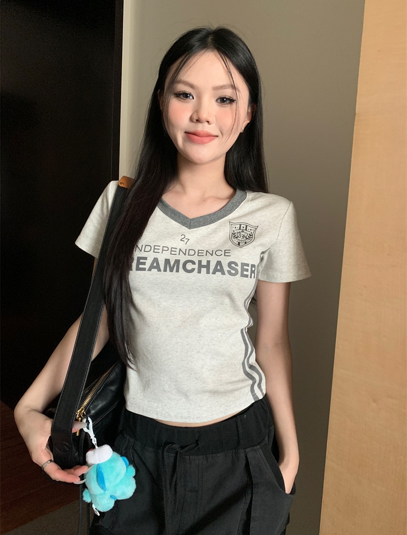 Retro summer slim baseball American style letters short tops