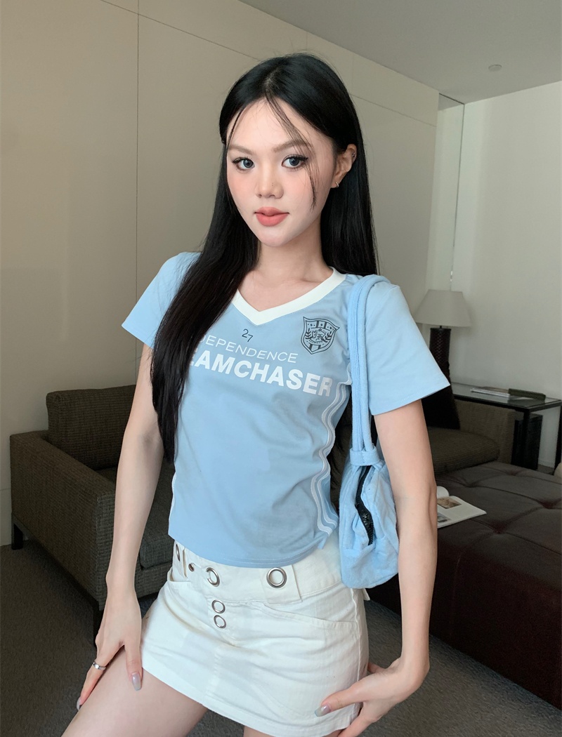 Retro summer slim baseball American style letters short tops