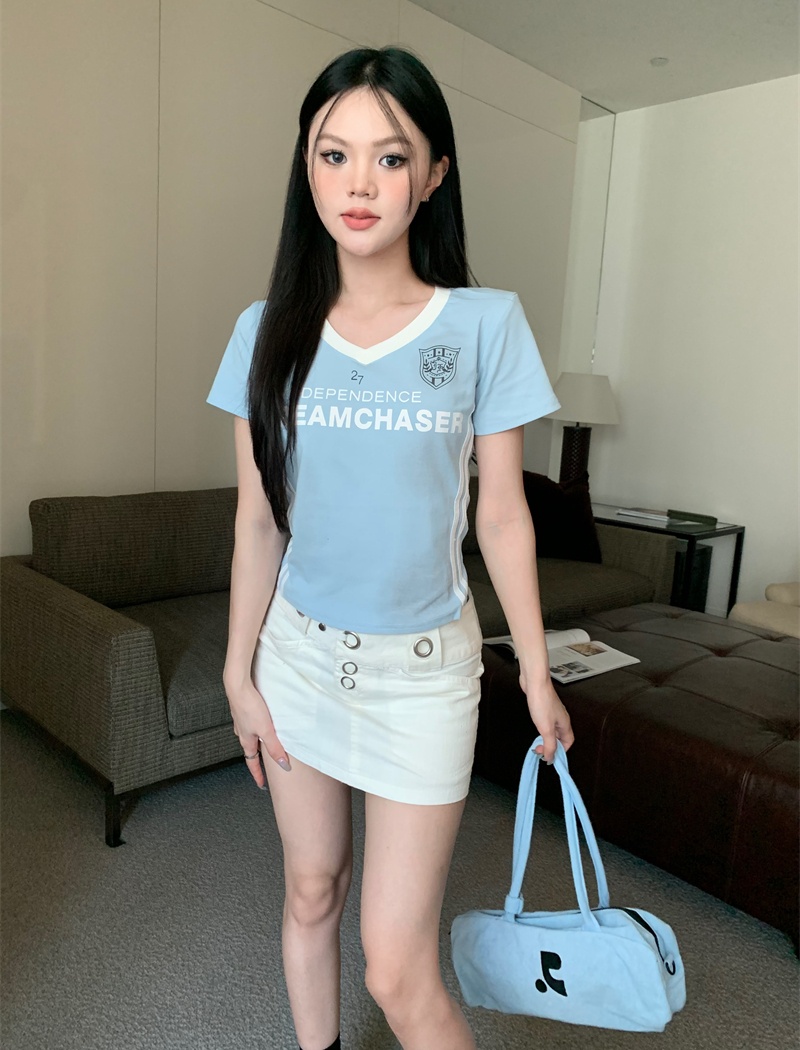 Retro summer slim baseball American style letters short tops