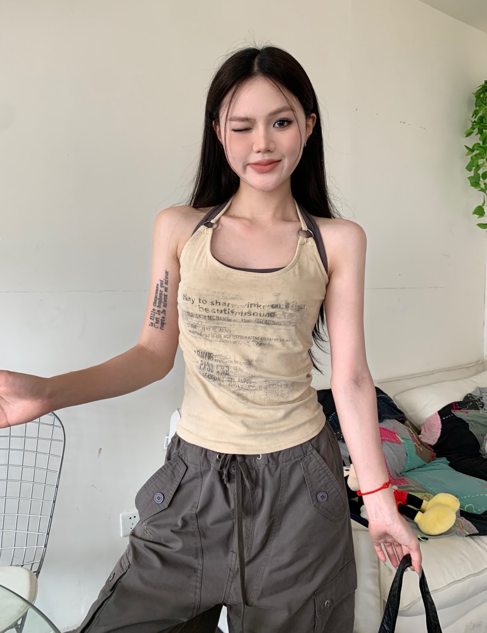 Retro Pseudo-two spicegirl tops American style sling vest