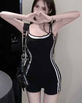 Mixed colors sling jumpsuit black Pseudo-two shorts for women