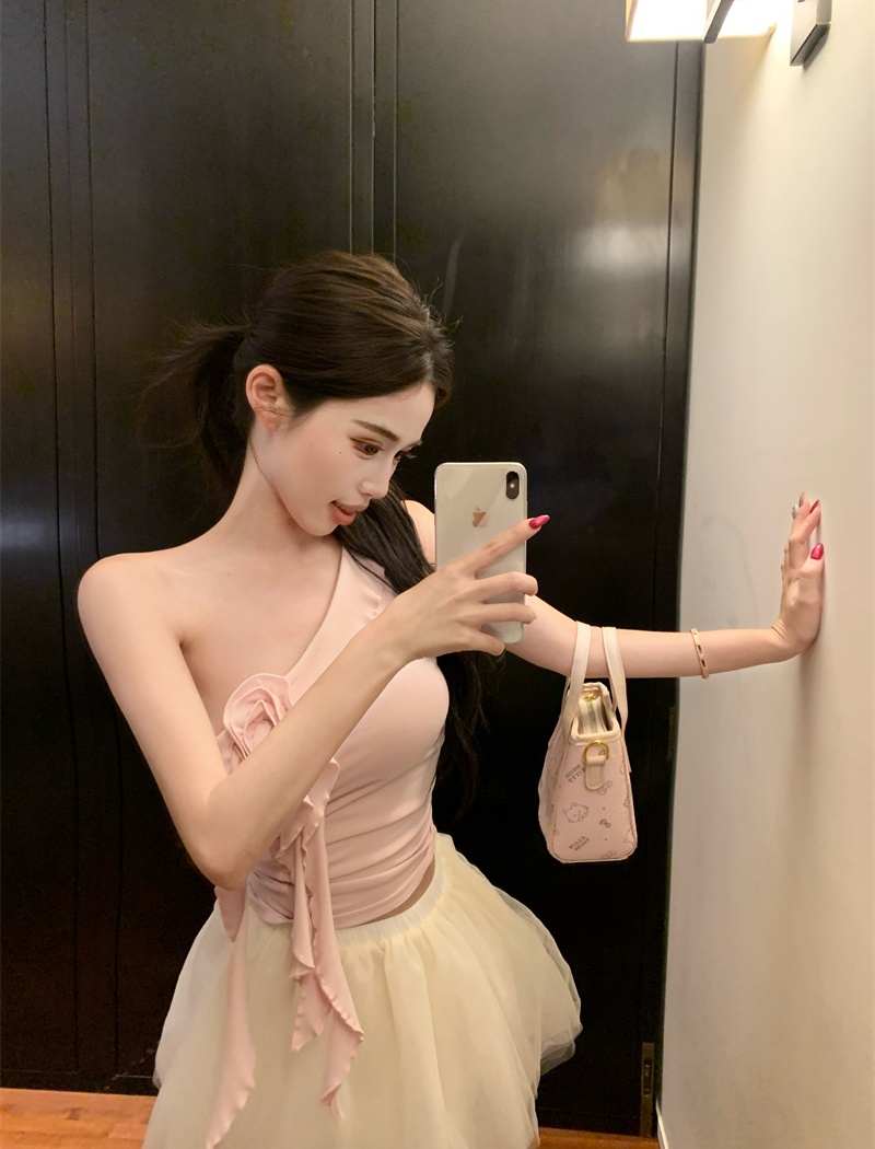 Streamer lotus leaf edges T-shirt sloping shoulder tops