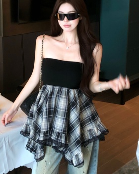 Sexy wrapped chest slim splice plaid tops for women