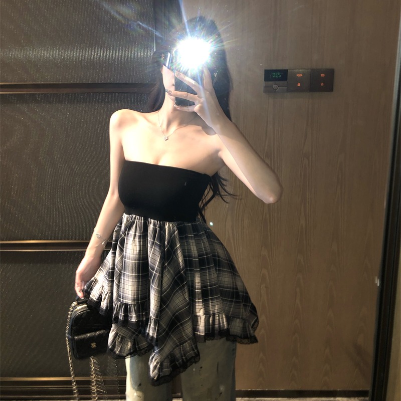Sexy wrapped chest slim splice plaid tops for women