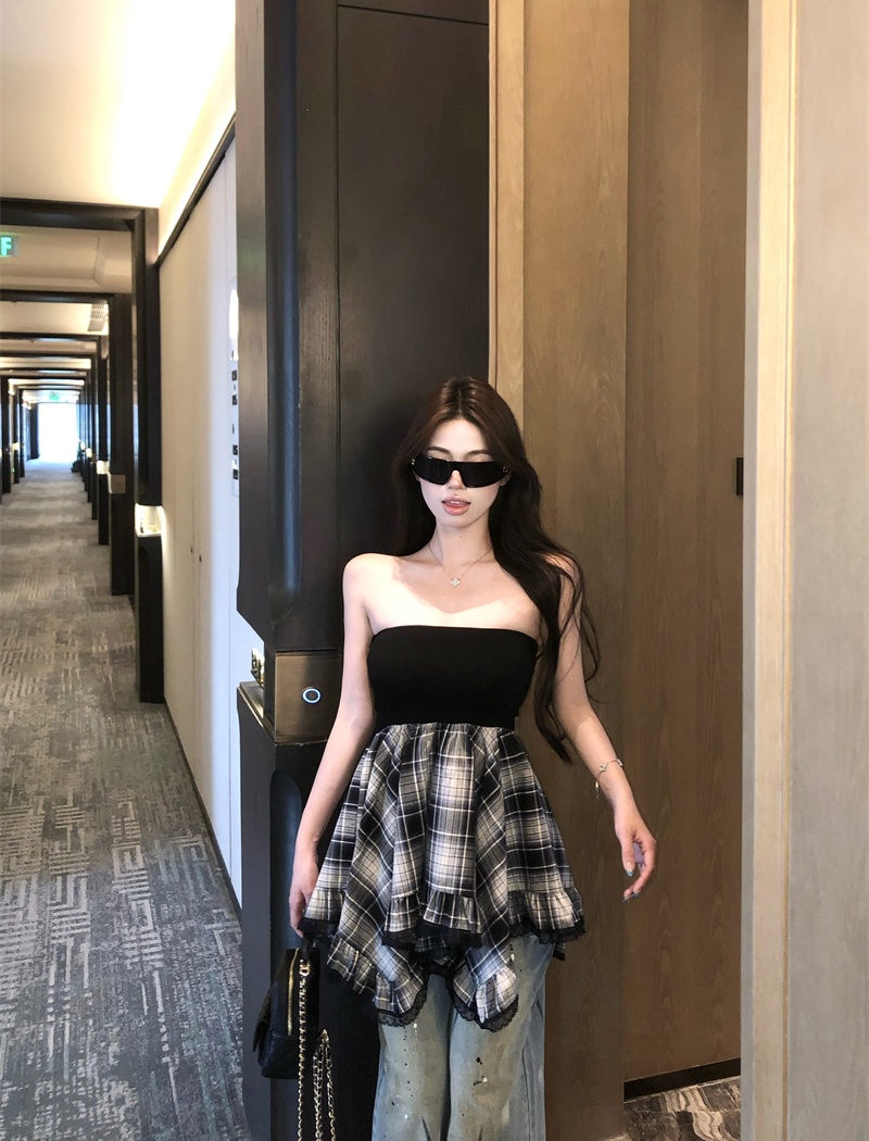 Sexy wrapped chest slim splice plaid tops for women