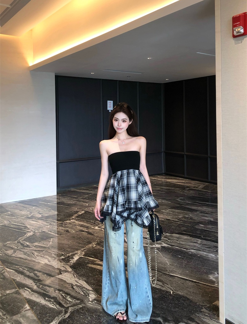 Sexy wrapped chest slim splice plaid tops for women