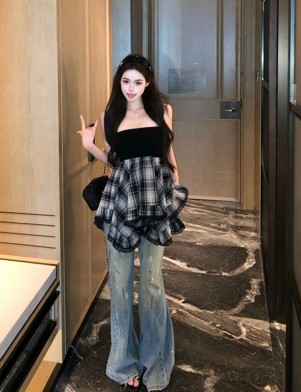 Sexy wrapped chest slim splice plaid tops for women
