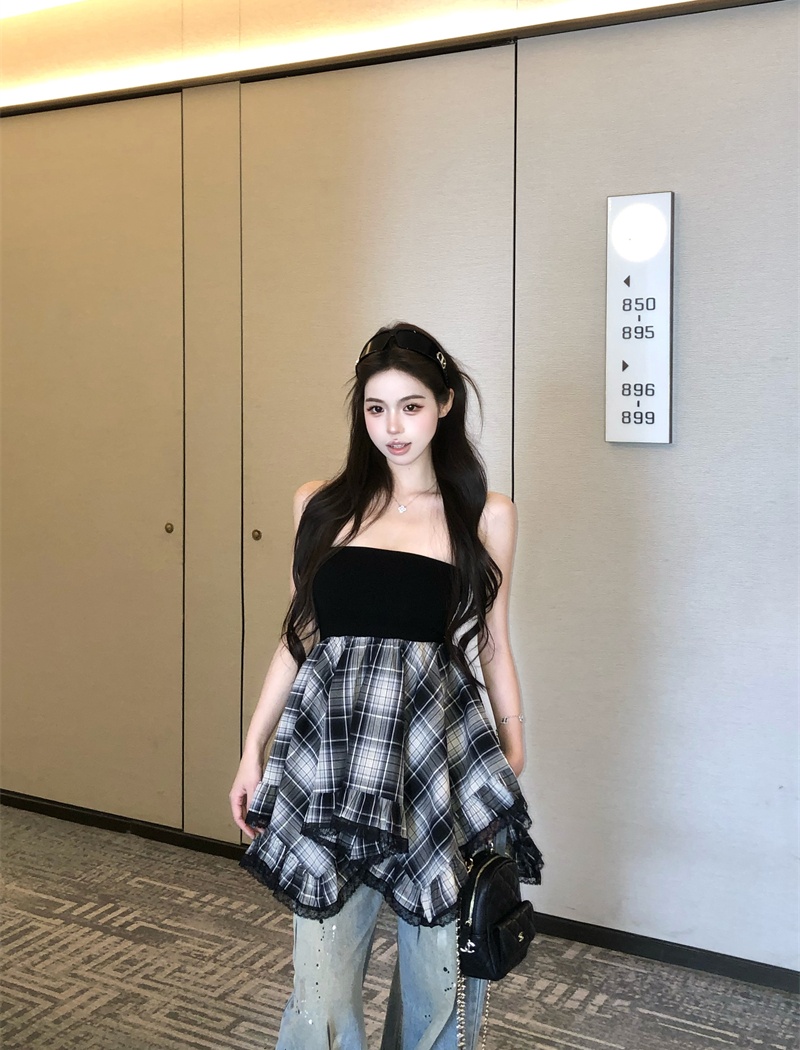 Sexy wrapped chest slim splice plaid tops for women
