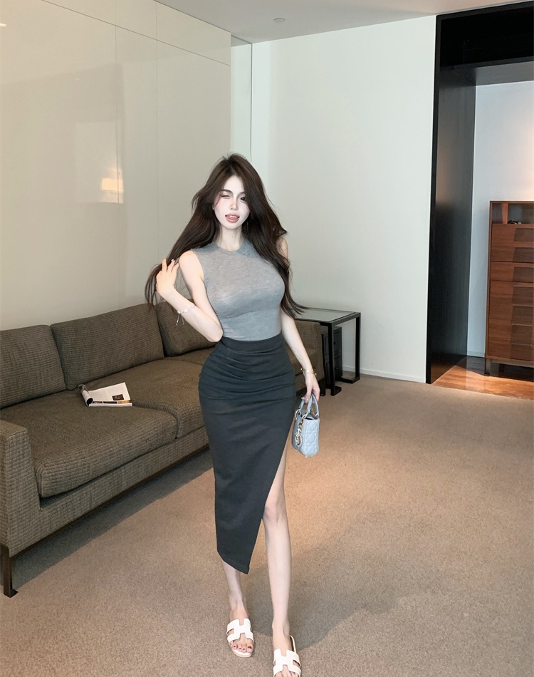 Split tight long skirt gray high waist vest 2pcs set